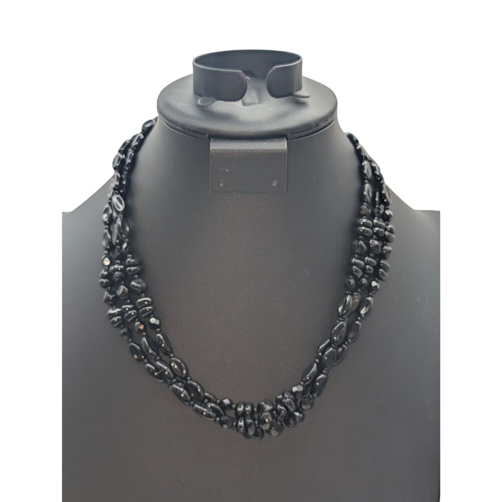 Vintage Three Strand Black Glass Beaded Slide In Fancy Clasp Necklace